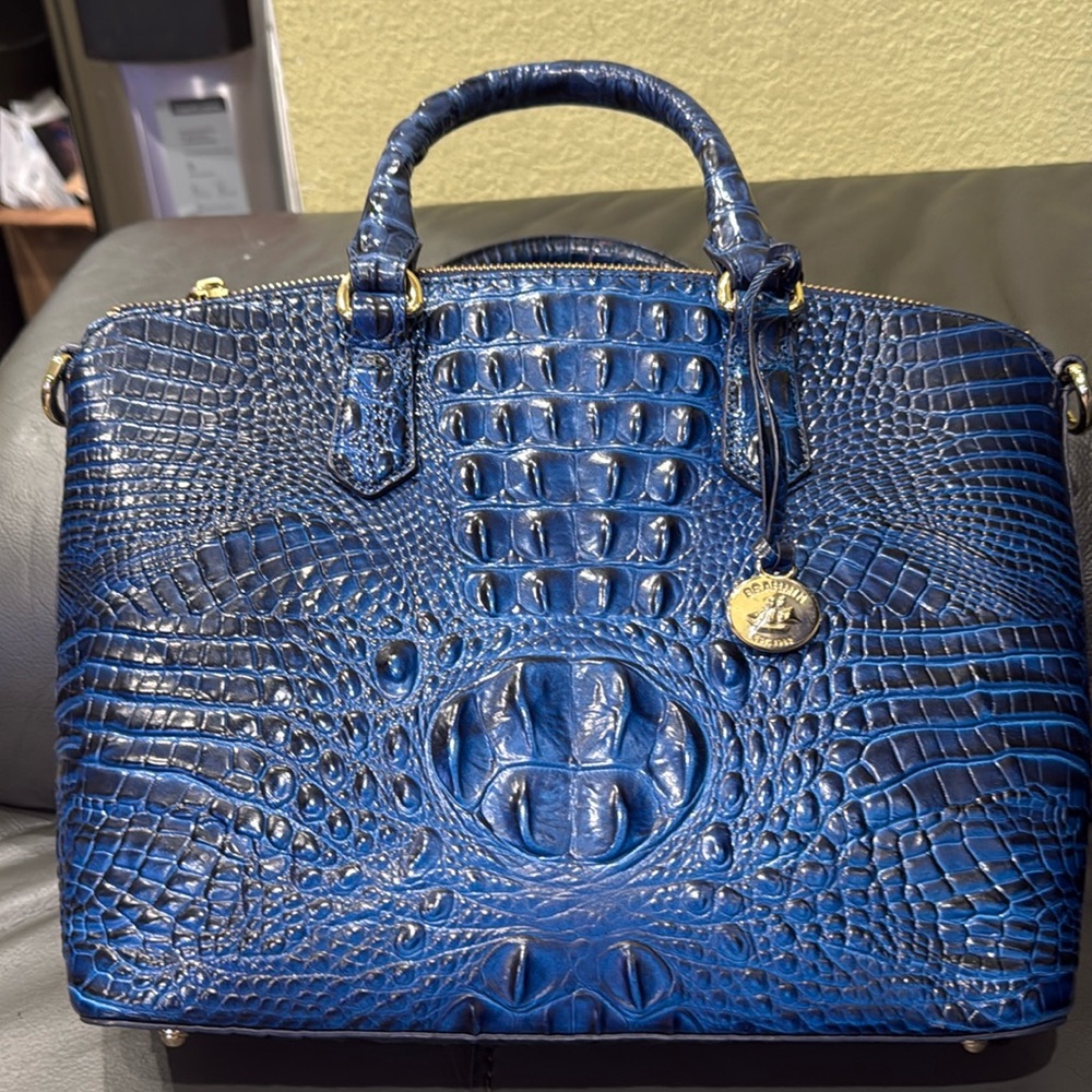 Brahmin Blue Croc-Embossed Satchel with Glossy Finish
